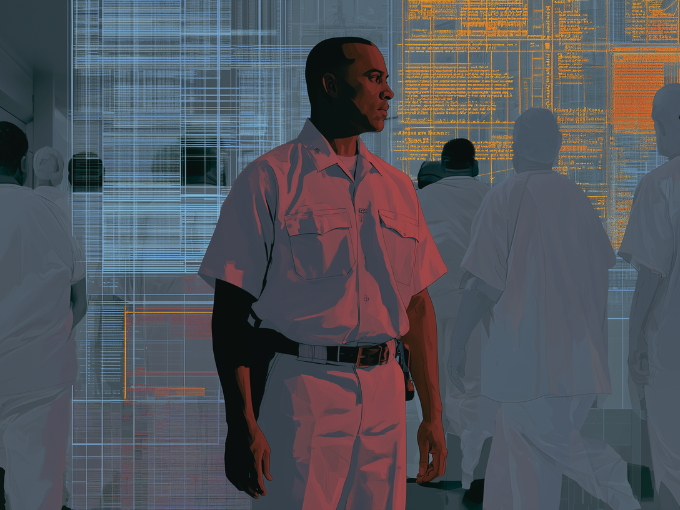 A correctional officer stands looking in the distance