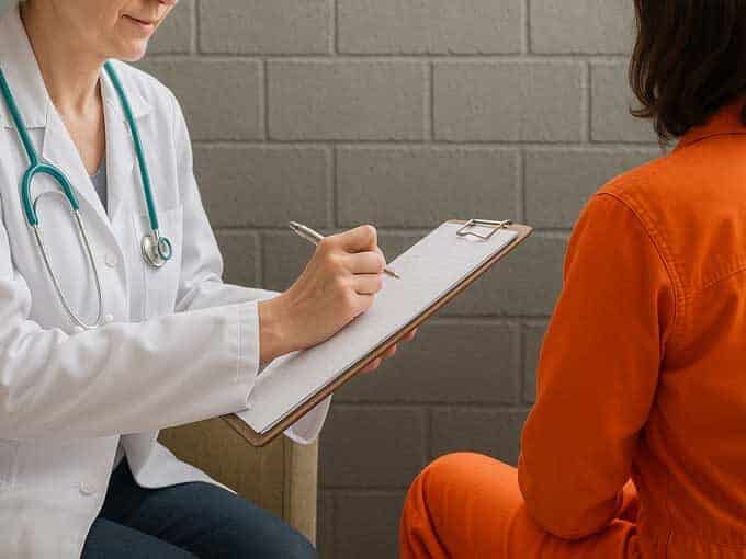 doctor and woman in orange jumpsuit 680x510